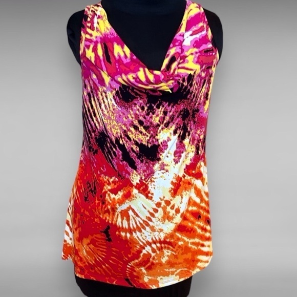 🦄 AB Studio Bright Multicolor Racerback Tank Top with Draped Neckline Small - Picture 1 of 8